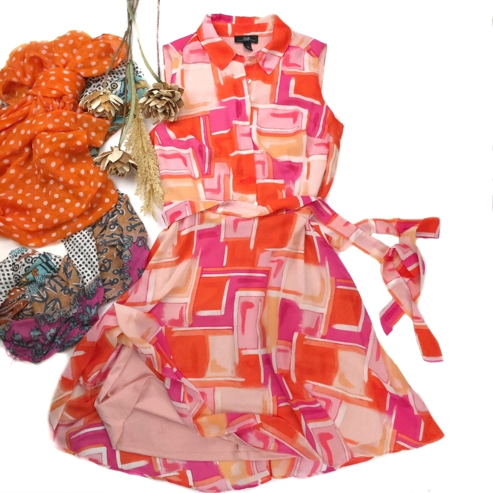 AGB Vibrant Pink and Orange Geometric Pattern Dress Sz 12